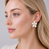 Oro Laminado Stud Earring, Gold Filled Style Flower Design, with Ivory Mother of Pearl and White Cubic Zirconia, Polished, Golden Finish, 02.436.0013