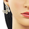 Oro Laminado Stud Earring, Gold Filled Style Butterfly and Teardrop Design, with White Cubic Zirconia, Polished, Golden Finish, 02.436.0014