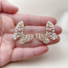Oro Laminado Stud Earring, Gold Filled Style Butterfly and Teardrop Design, with White Cubic Zirconia, Polished, Golden Finish, 02.436.0014