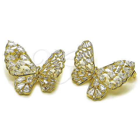 Oro Laminado Stud Earring, Gold Filled Style Butterfly and Teardrop Design, with White Cubic Zirconia, Polished, Golden Finish, 02.436.0014