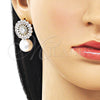Oro Laminado Stud Earring, Gold Filled Style Ball and Cluster Design, with White Cubic Zirconia and Ivory Pearl, Polished, Golden Finish, 02.436.0015