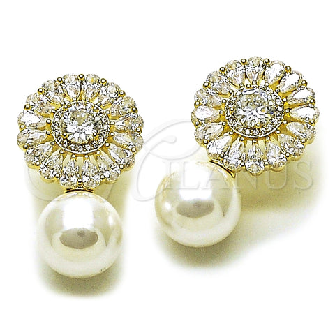 Oro Laminado Stud Earring, Gold Filled Style Ball and Cluster Design, with White Cubic Zirconia and Ivory Pearl, Polished, Golden Finish, 02.436.0015