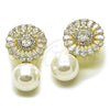 Oro Laminado Stud Earring, Gold Filled Style Ball and Cluster Design, with White Cubic Zirconia and Ivory Pearl, Polished, Golden Finish, 02.436.0015