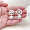 Oro Laminado Stud Earring, Gold Filled Style Ball and Cluster Design, with White Cubic Zirconia and Ivory Pearl, Polished, Golden Finish, 02.436.0015