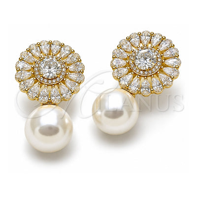 Oro Laminado Stud Earring, Gold Filled Style Ball and Cluster Design, with White Cubic Zirconia and Ivory Pearl, Polished, Golden Finish, 02.436.0015