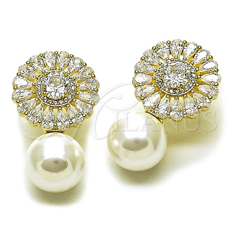 Oro Laminado Stud Earring, Gold Filled Style Ball and Cluster Design, with White Cubic Zirconia and Ivory Pearl, Polished, Golden Finish, 02.436.0015
