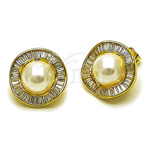 Oro Laminado Stud Earring, Gold Filled Style Cluster and Baguette Design, with White Cubic Zirconia and Ivory Pearl, Polished, Golden Finish, 02.436.0016