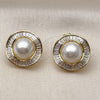 Oro Laminado Stud Earring, Gold Filled Style Cluster and Baguette Design, with White Cubic Zirconia and Ivory Pearl, Polished, Golden Finish, 02.436.0016
