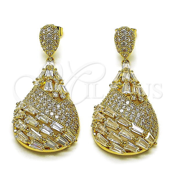 Oro Laminado Dangle Earring, Gold Filled Style Teardrop and Baguette Design, with White Cubic Zirconia, Polished, Golden Finish, 02.436.0017