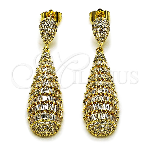 Oro Laminado Dangle Earring, Gold Filled Style Teardrop and Baguette Design, with White Cubic Zirconia, Polished, Golden Finish, 02.436.0018