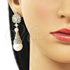 Oro Laminado Dangle Earring, Gold Filled Style Teardrop and Heart Design, with White Cubic Zirconia and Ivory Pearl, Polished, Golden Finish, 02.436.0020
