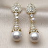Oro Laminado Dangle Earring, Gold Filled Style Teardrop and Heart Design, with White Cubic Zirconia and Ivory Pearl, Polished, Golden Finish, 02.436.0020