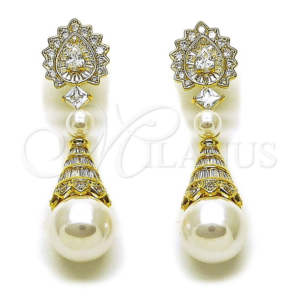 Oro Laminado Dangle Earring, Gold Filled Style Teardrop and Heart Design, with White Cubic Zirconia and Ivory Pearl, Polished, Golden Finish, 02.436.0020