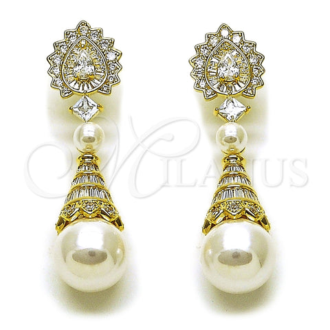 Oro Laminado Dangle Earring, Gold Filled Style Teardrop and Heart Design, with White Cubic Zirconia and Ivory Pearl, Polished, Golden Finish, 02.436.0020