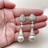 Oro Laminado Dangle Earring, Gold Filled Style Teardrop and Heart Design, with White Cubic Zirconia and Ivory Pearl, Polished, Golden Finish, 02.436.0020