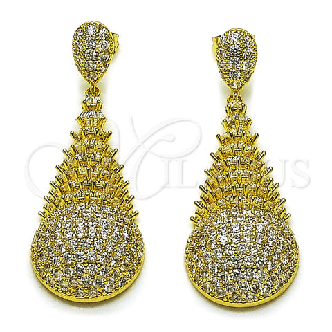Oro Laminado Dangle Earring, Gold Filled Style Teardrop and Baguette Design, with White Cubic Zirconia, Polished, Golden Finish, 02.436.0021