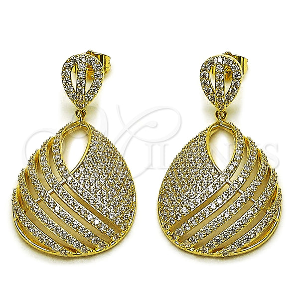 Oro Laminado Dangle Earring, Gold Filled Style Teardrop Design, with White Cubic Zirconia, Polished, Golden Finish, 02.436.0022