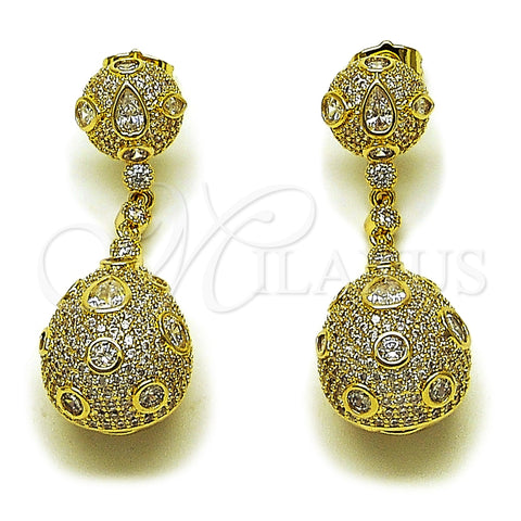 Oro Laminado Long Earring, Gold Filled Style Teardrop Design, with White Cubic Zirconia, Polished, Golden Finish, 02.436.0023