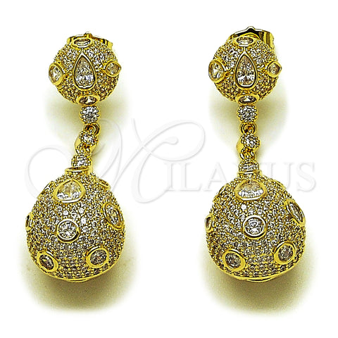 Oro Laminado Long Earring, Gold Filled Style Teardrop Design, with White Cubic Zirconia, Polished, Golden Finish, 02.436.0023