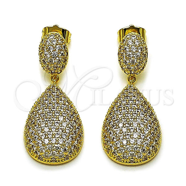 Oro Laminado Dangle Earring, Gold Filled Style Teardrop Design, with White Cubic Zirconia, Polished, Golden Finish, 02.436.0024