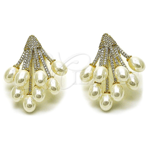 Oro Laminado Stud Earring, Gold Filled Style Flower Design, with Ivory Pearl and White Micro Pave, Polished, Golden Finish, 02.436.0025