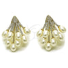 Oro Laminado Stud Earring, Gold Filled Style Flower Design, with Ivory Pearl and White Micro Pave, Polished, Golden Finish, 02.436.0025