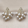 Oro Laminado Stud Earring, Gold Filled Style Flower Design, with Ivory Pearl and White Micro Pave, Polished, Golden Finish, 02.436.0025
