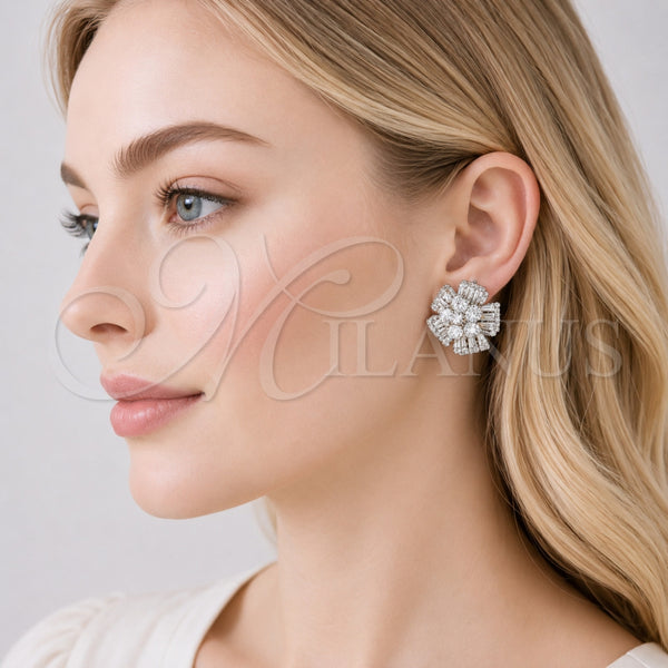 Gold Filled Ring — Stud Earring Flower and Baguette Design with White — alternate product view — SKU 162578 | Oro Laminado anillo — Stud Earring flor and Baguette diseño with blanco — SKU 162578