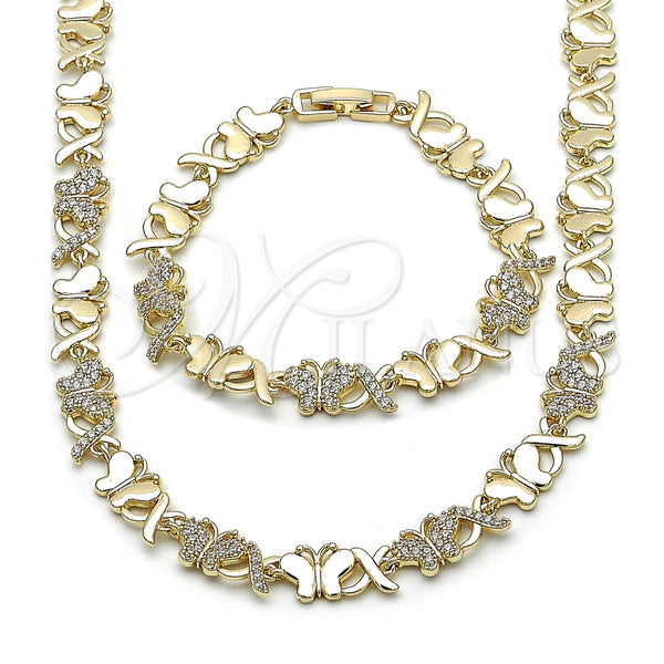 Oro Laminado Necklace and Bracelet, Gold Filled Style Hugs and Kisses and Butterfly Design, with White Cubic Zirconia, Polished, Golden Finish, 06.266.0001.18