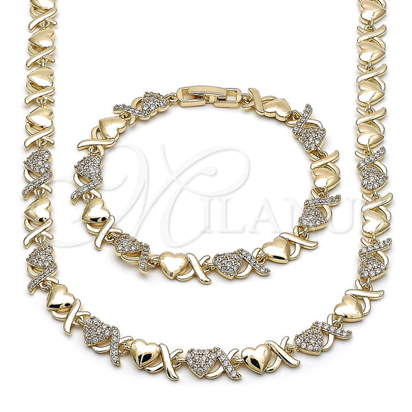 Oro Laminado Necklace and Bracelet, Gold Filled Style Hugs and Kisses and Heart Design, with White Cubic Zirconia, Polished, Golden Finish, 06.266.0002.18