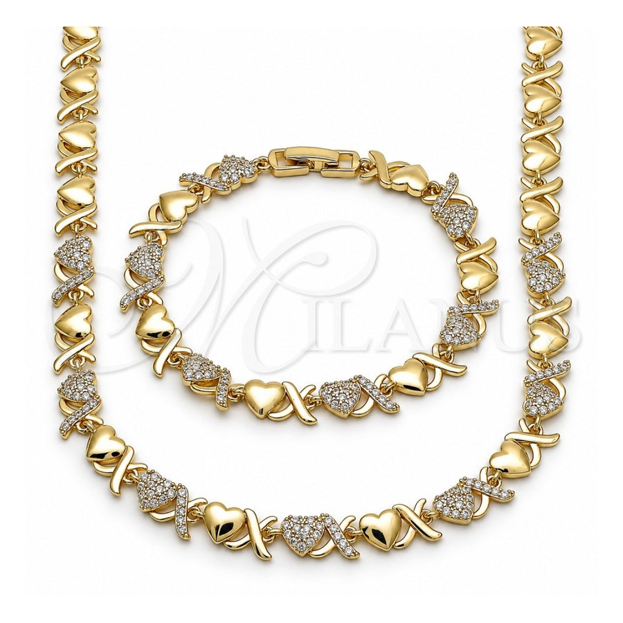 Oro Laminado Necklace and Bracelet, Gold Filled Style Hugs and Kisses and Heart Design, with White Cubic Zirconia, Polished, Golden Finish, 06.266.0002.18