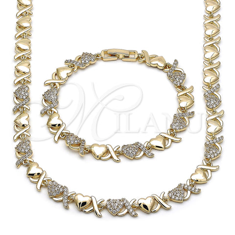 Oro Laminado Necklace and Bracelet, Gold Filled Style Hugs and Kisses and Heart Design, with White Cubic Zirconia, Polished, Golden Finish, 06.266.0002.18