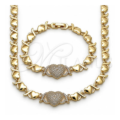 Oro Laminado Necklace and Bracelet, Gold Filled Style Heart and Hugs and Kisses Design, with White Cubic Zirconia, Polished, Golden Finish, 06.266.0003.18