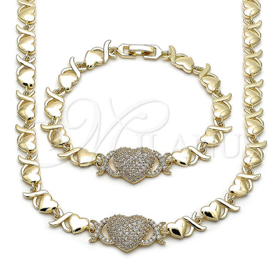 gold-layered heart and hugs-and-kisses necklace and bracelet set - product view - Milanus SKU 162581