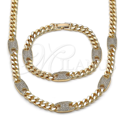 Oro Laminado Necklace and Bracelet, Gold Filled Style Miami Cuban Design, with White Cubic Zirconia, Polished, Golden Finish, 06.266.0004.18