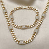 Oro Laminado Necklace and Bracelet, Gold Filled Style Miami Cuban Design, with White Cubic Zirconia, Polished, Golden Finish, 06.266.0004.18
