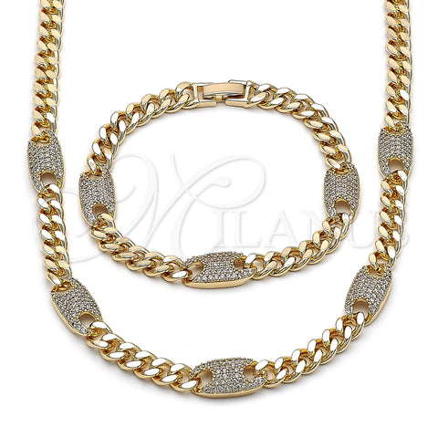 Oro Laminado Necklace and Bracelet, Gold Filled Style Miami Cuban Design, with White Cubic Zirconia, Polished, Golden Finish, 06.266.0004.18