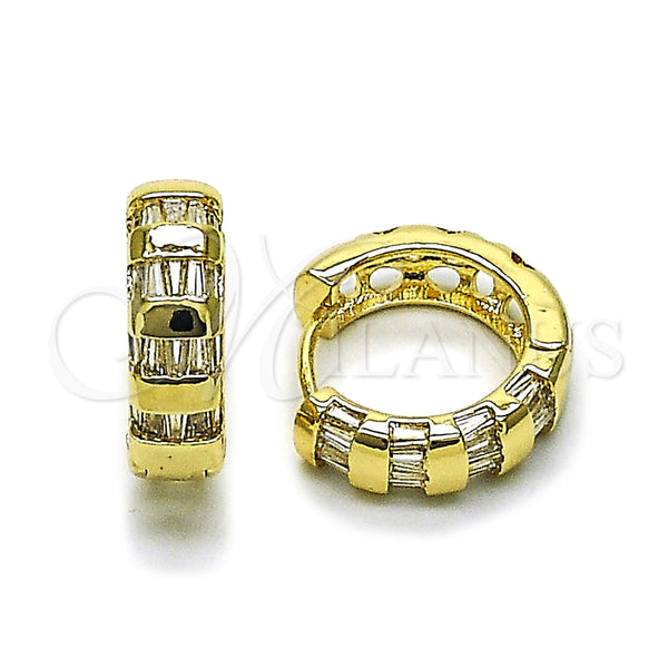 Gold Filled Hoop Earrings — Huggie Hoop Baguette Design with White Cubic Zirconia — main product view — SKU 162585 | Oro Laminado aretes de aro — Huggie Hoop Baguette diseño with blanco Cubic Zirconia — SKU 162585