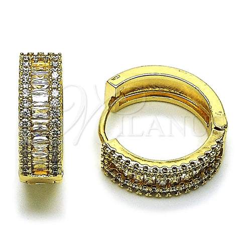 Oro Laminado Huggie Hoop, Gold Filled Style Baguette and Cluster Design, with White Cubic Zirconia, Polished, Golden Finish, 02.266.0052.25