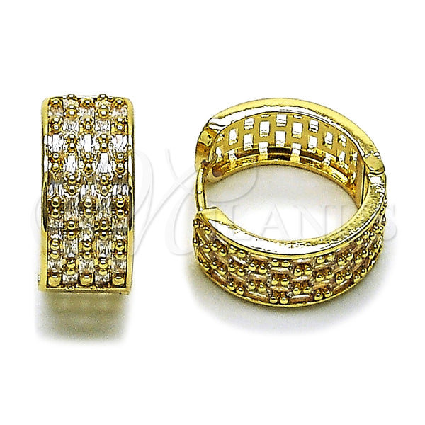 Oro Laminado Huggie Hoop, Gold Filled Style Baguette Design, with White Cubic Zirconia, Diamond Cutting Finish, Golden Finish, 02.266.0054.20
