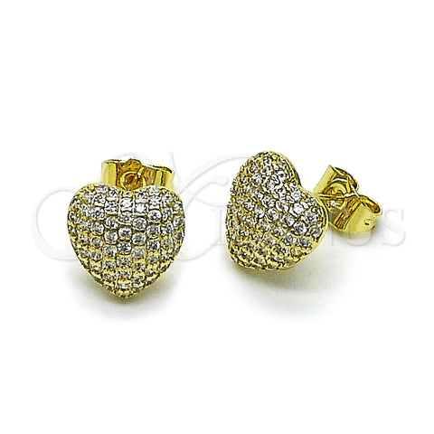 Oro Laminado Stud Earring, Gold Filled Style Heart Design, with White Cubic Zirconia, Polished, Golden Finish, 02.266.0057