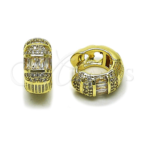 Oro Laminado Huggie Hoop, Gold Filled Style Baguette Design, with White Cubic Zirconia, Polished, Golden Finish, 02.210.0866.18