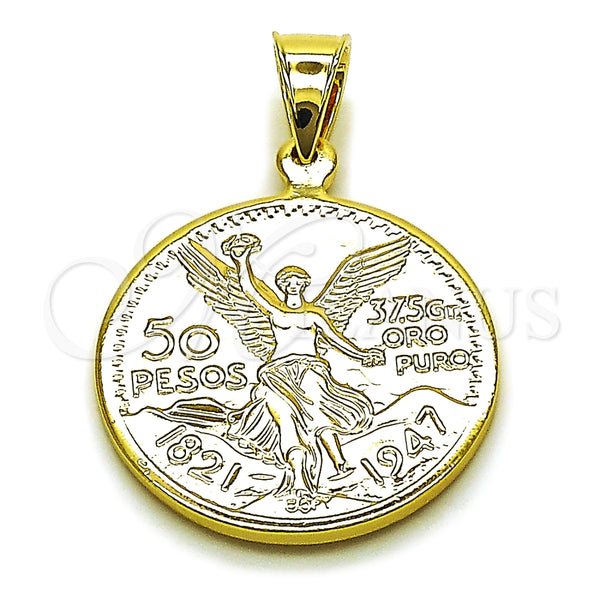 Oro Laminado Religious Pendant, Gold Filled Style Coin and Centenario Coin Design, Polished, Golden Finish, 05.213.0191