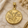 Oro Laminado Religious Pendant, Gold Filled Style Coin and Centenario Coin Design, Polished, Golden Finish, 05.213.0191