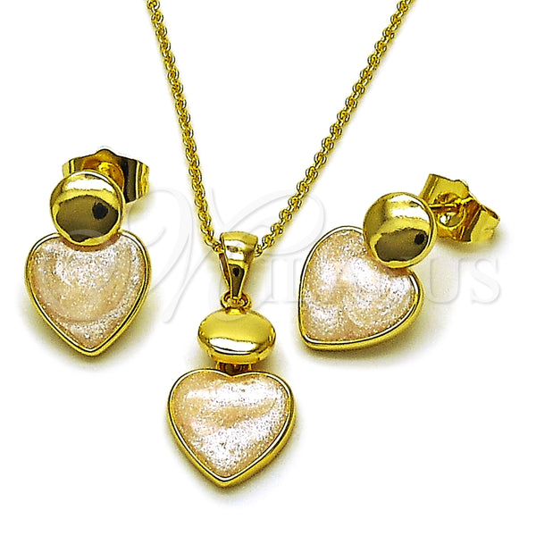 Oro Laminado Earring and Pendant Adult Set, Gold Filled Style Heart Design, White Enamel Finish, Golden Finish, 10.156.0546