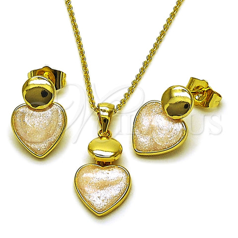 Oro Laminado Earring and Pendant Adult Set, Gold Filled Style Heart Design, White Enamel Finish, Golden Finish, 10.156.0546
