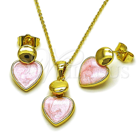 Oro Laminado Earring and Pendant Adult Set, Gold Filled Style Heart Design, Pink Enamel Finish, Golden Finish, 10.156.0546.1