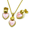 Oro Laminado Earring and Pendant Adult Set, Gold Filled Style Heart Design, Pink Enamel Finish, Golden Finish, 10.156.0546.1