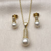 Oro Laminado Earring and Pendant Adult Set, Gold Filled Style Ball Design, with Ivory Pearl and White Micro Pave, Diamond Cutting Finish, Golden Finish, 10.156.0549