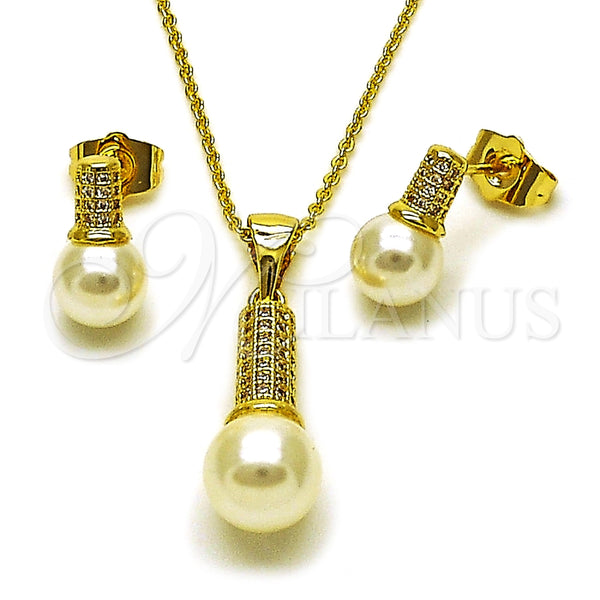 Oro Laminado Earring and Pendant Adult Set, Gold Filled Style Ball Design, with Ivory Pearl and White Micro Pave, Diamond Cutting Finish, Golden Finish, 10.156.0549